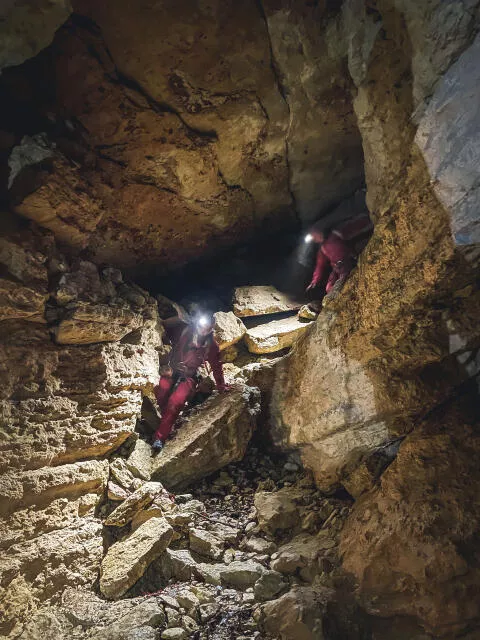Entering the Saintes Glaces cave