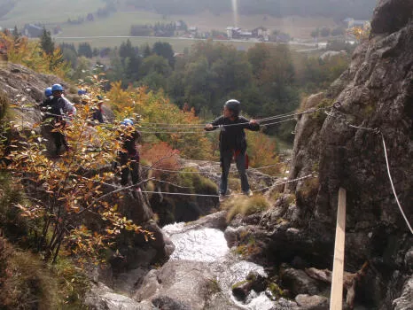Monkey bridges in the Waterfall via ferrata, Alpe du Grand Serre, close to Grenoble and la Mure