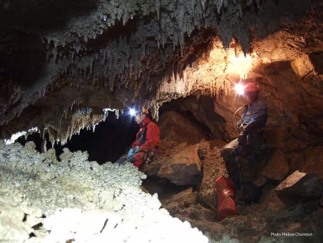 Among stalactites and stalagmites caving dent de crolles