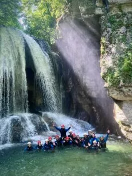 Group photo, waterfall