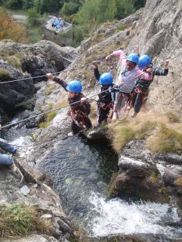 Many beams and monkey bridges in the Waterfall via ferrata