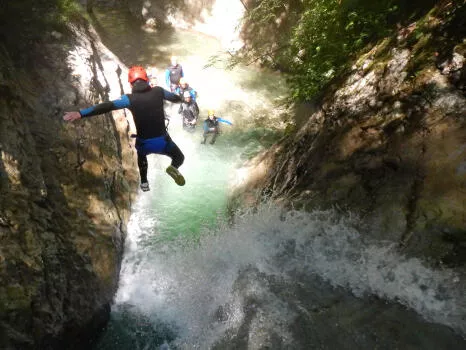 5m jumping above a waterfall, Ecouges complete course, near Grenoble and Lyon, Vercors range