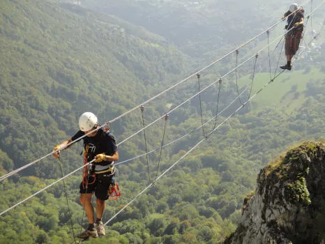 Népalese bridge, Jules Carret Via ferrata, Bauges mountain range, close to Chambéry