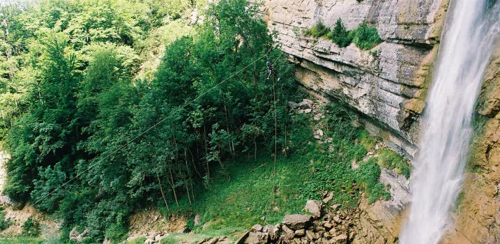 Zip line at the end of Ecouges upper part, Vercors range, near Lyon and Grenoble