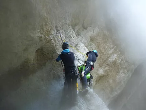 Before one of numerous abseils, Ecouges upper part, Vercors range, near Lyon and Grenoble
